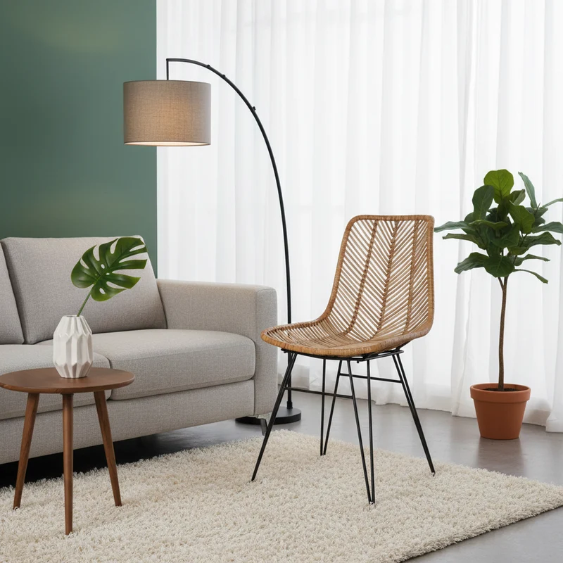 Coastal Rattan Dining Chair - Hand-Woven Feather-Leaf Texture & Iron Frame Chair For Dining Room & Kitchen