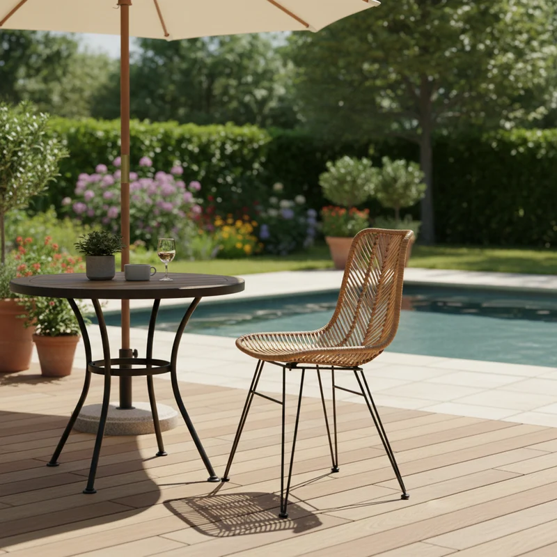 Coastal Rattan Dining Chair - Hand-Woven Feather-Leaf Texture & Iron Frame Chair For Dining Room & Kitchen