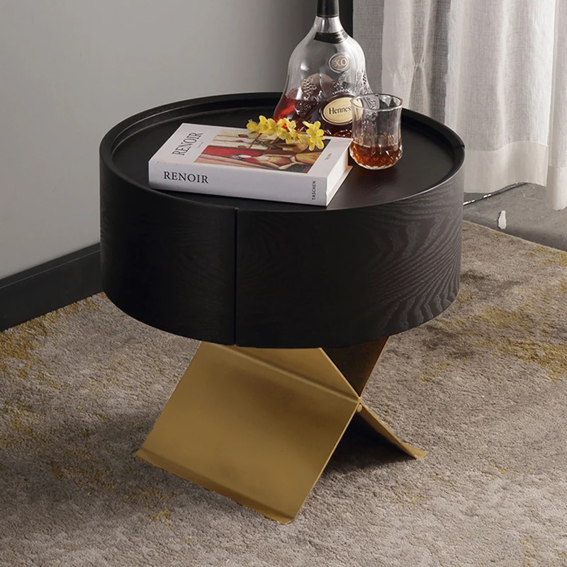Industrial Smoked Wood Nightstand - Solid Wood Board & Smooth Circular 1-Drawer Bedside Table For Bedroom