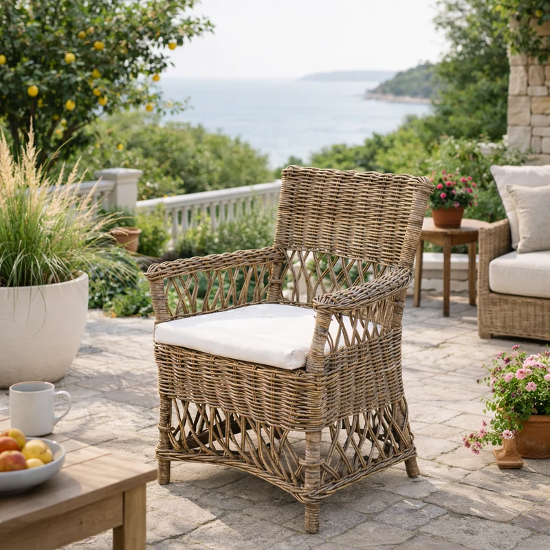 Coastal Rattan Dining Chair - Hand-Woven Indonesian Rattan Chair Backrest Armrest For Garden & Outdoor Patio