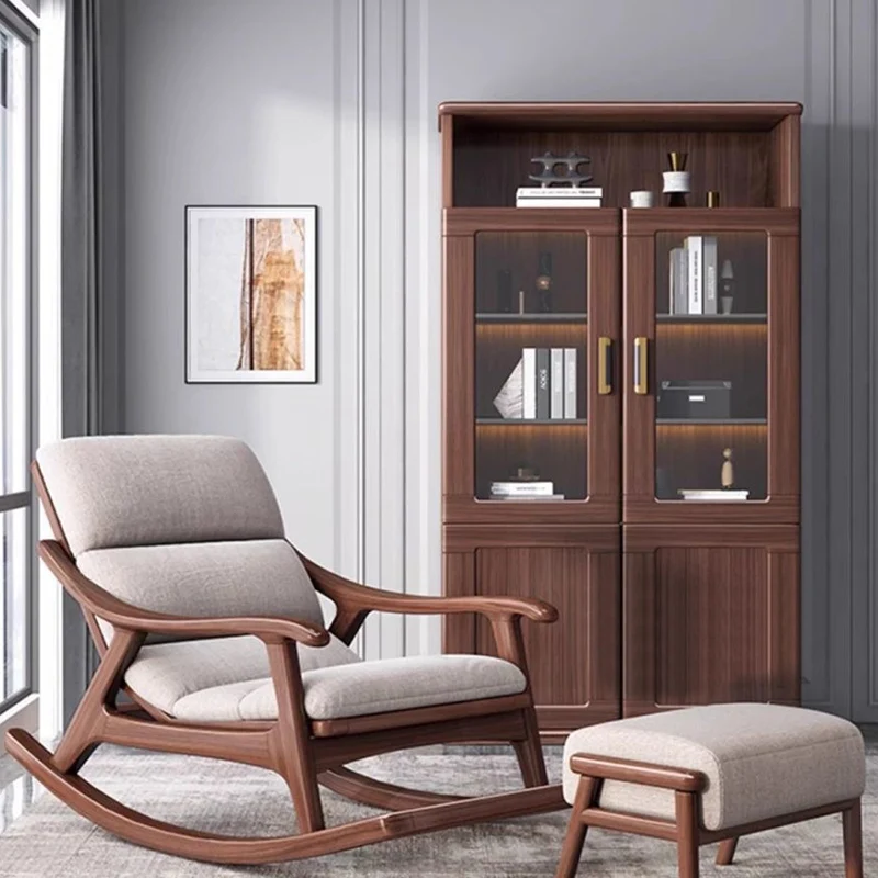 Modern Minimalist Walnut Wood Rubberwood Linen Ergonomic Backrest Rocking Chair With Armrests For Living Room And Bedroom