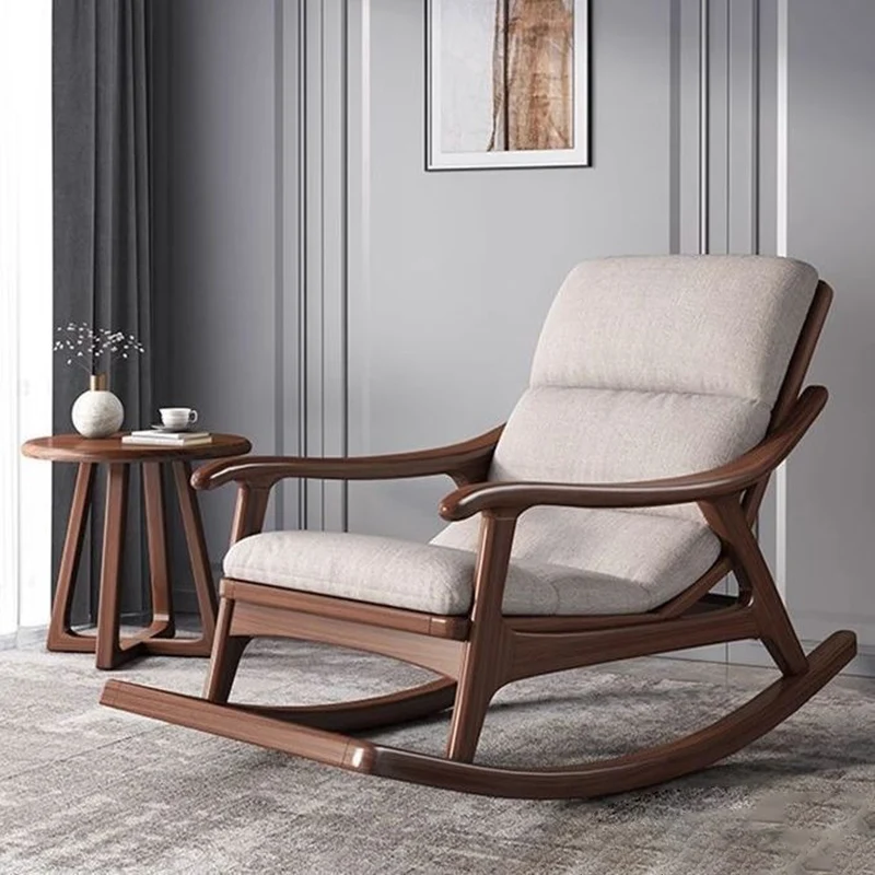 Modern Minimalist Walnut Wood Rubberwood Linen Ergonomic Backrest Rocking Chair With Armrests For Living Room And Bedroom