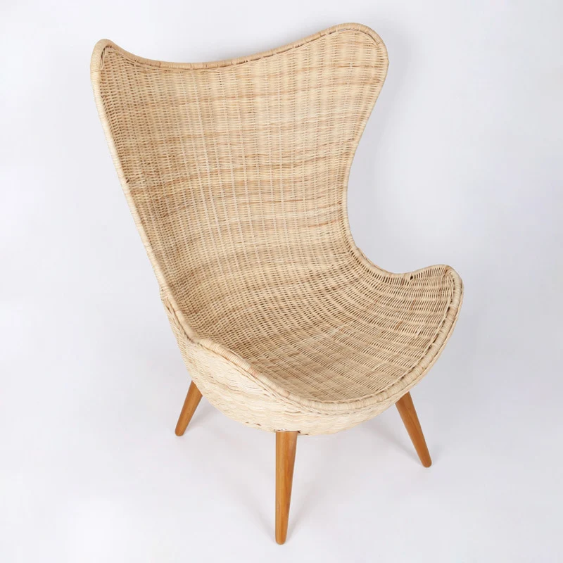 Contemporary Nordic Handwoven Rattan Weaving Solid Wood Legs Accent Chair With High Backrest - Lounge Chair For Indoor & Outdoor Living