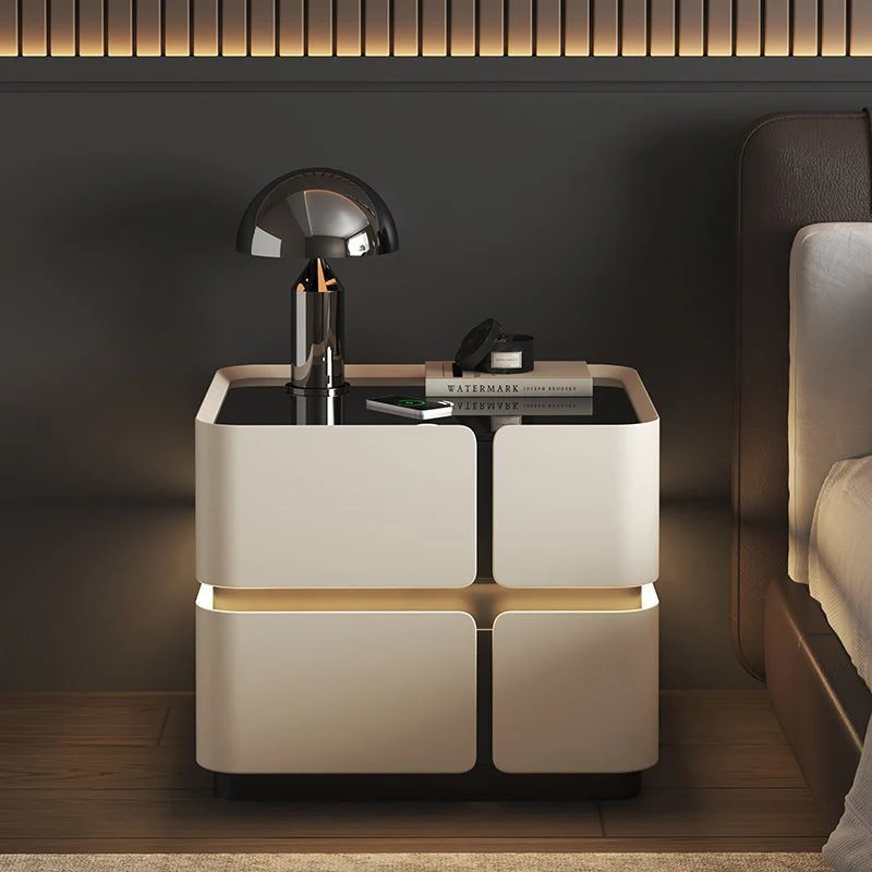 Modern Luxury Glass Engineered Wood Solid Wood Microfiber Leather Square Nightstand With 2 Drawers For Bedroom