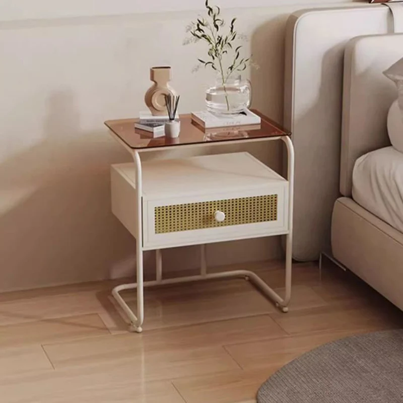 Contemporary Creative Tempered Glass Iron Synthetic Rattan Rounded Square Nightstand 2-Tier For Bedroom