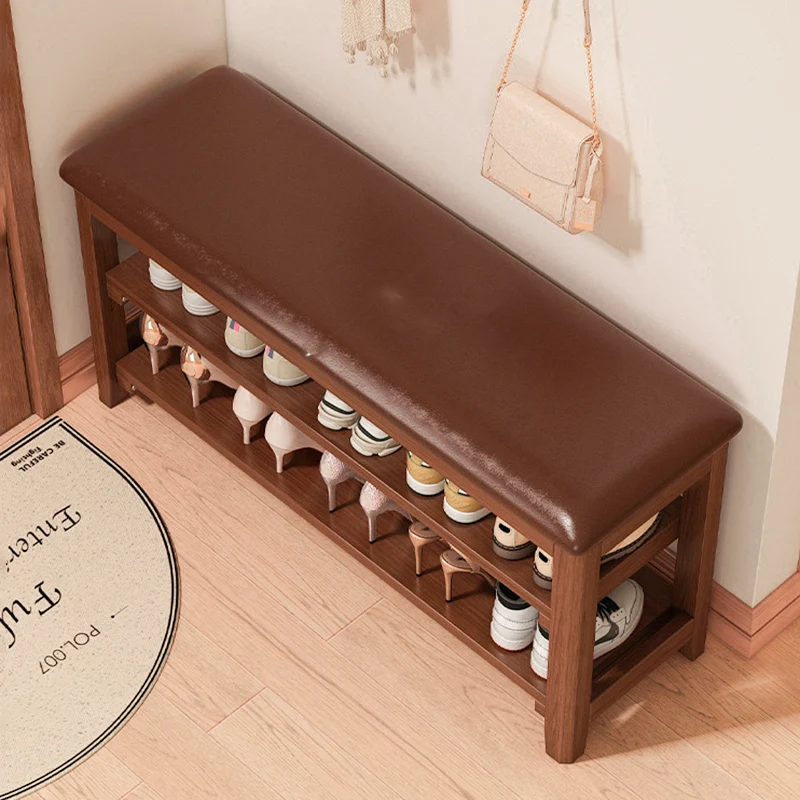 Traditional Vintage Solid Wood Multi-Layer Board Rubber Wood PU Leather Rectangular Shoe Bench 2-Tier For Living Room