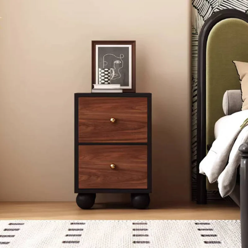 Traditional Chinese Solid Wood Ecological Board Rectangular Ball-Detail Nightstand 2-Drawer For Bedroom