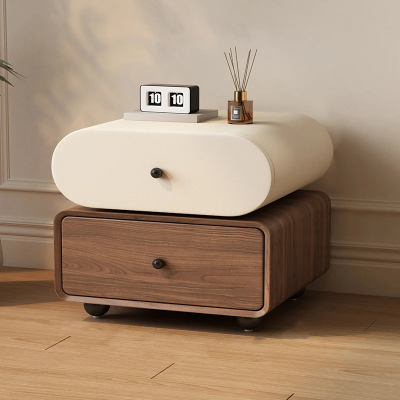 Contemporary Scandinavian Pine Cat-Scratch-Resistant Leather Oval Square Ball Nightstand 2-Drawer For Bedroom