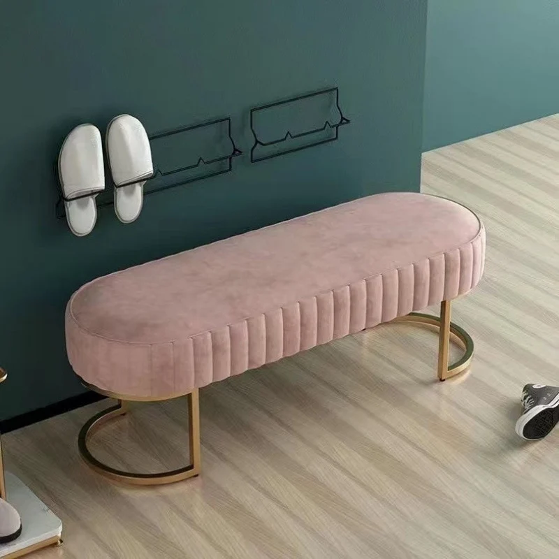 Modern Luxury Velvet Metal Long-Oval Shoe Bench For Living Room