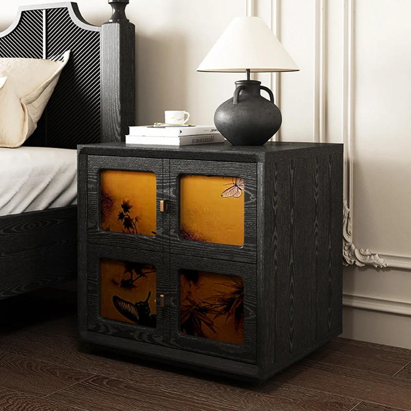 Traditional Chinese Solid Wood Hardware Square Patterned Nightstand With 2 Drawers For Bedroom