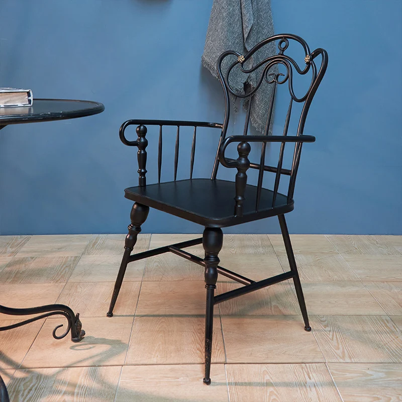 Traditional Vintage Curved Iron Dining Chair Backrest Armrest For Dining Room