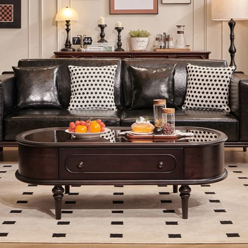 Traditional Vintage Oval Glass Solid Wood Coffee Table 2-Drawer 4-Leg For Living Room