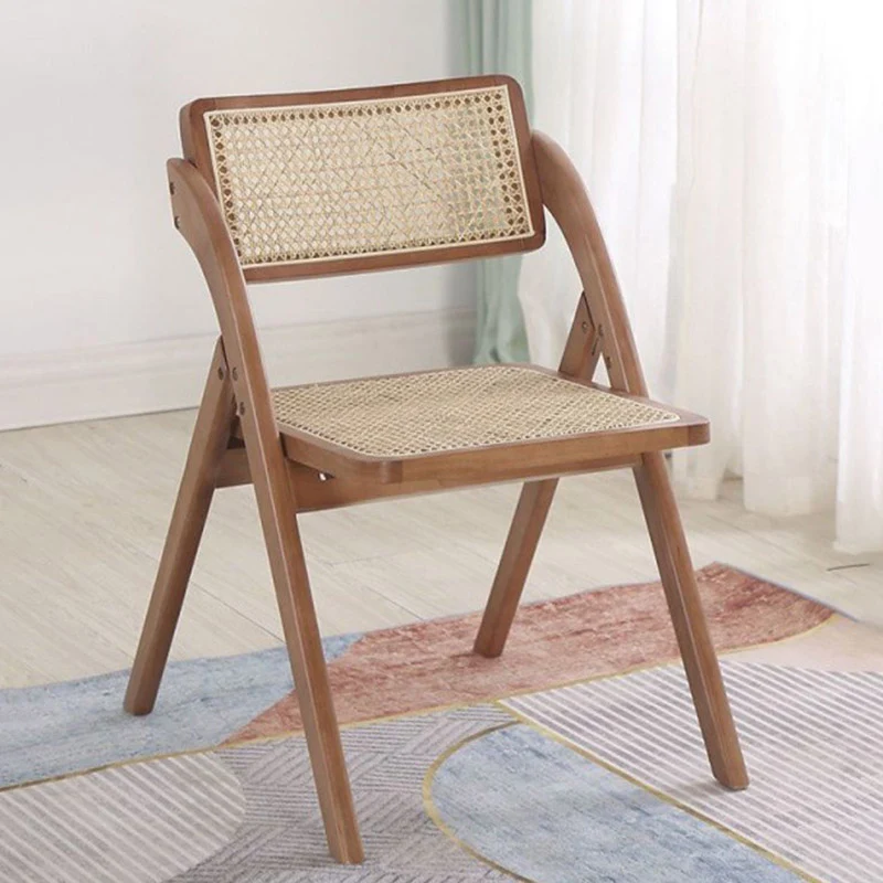 Contemporary Nordic Rubberwood & Rattan Weaving Rectangular Folding Dining Chair With Backrest For Dining Room