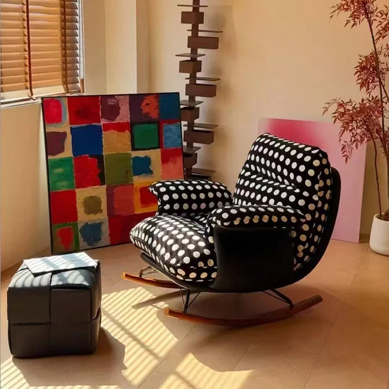 Modern Mid-Century Fabric Faux Leather Iron Wood Polka Dot Rocking Chair Backrest Armrest For Living Room