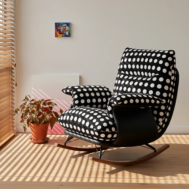 Modern Mid-Century Fabric Faux Leather Iron Wood Polka Dot Rocking Chair Backrest Armrest For Living Room
