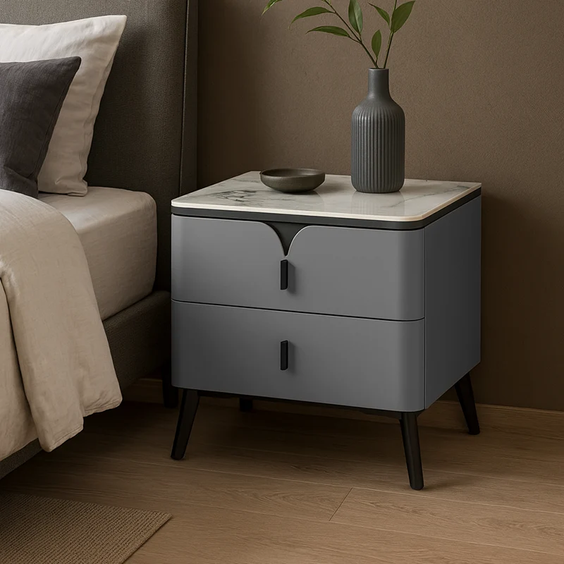 Modern Luxury Rectangular E1 MDF Nightstand With Sintered Stone Top & 2 Drawers For Bedroom