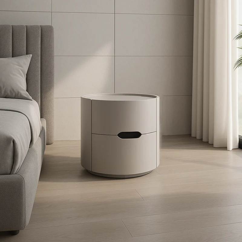 Modern Minimalist Cylinder Plywood & E1 MDF Nightstand With Double Storage Drawers And Protective Raised Rim For Bedroom