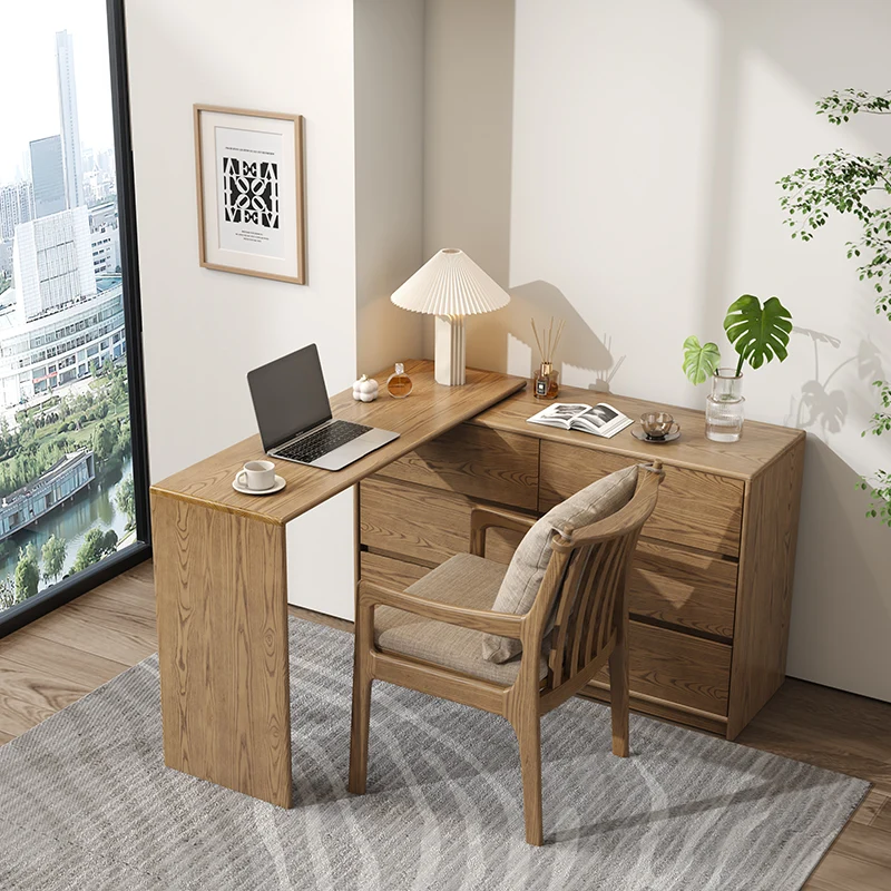 Modern Minimalist Solid Ash Wood Modular Desk With 6-Drawer Storage Cabinet For Home Office & Bedroom