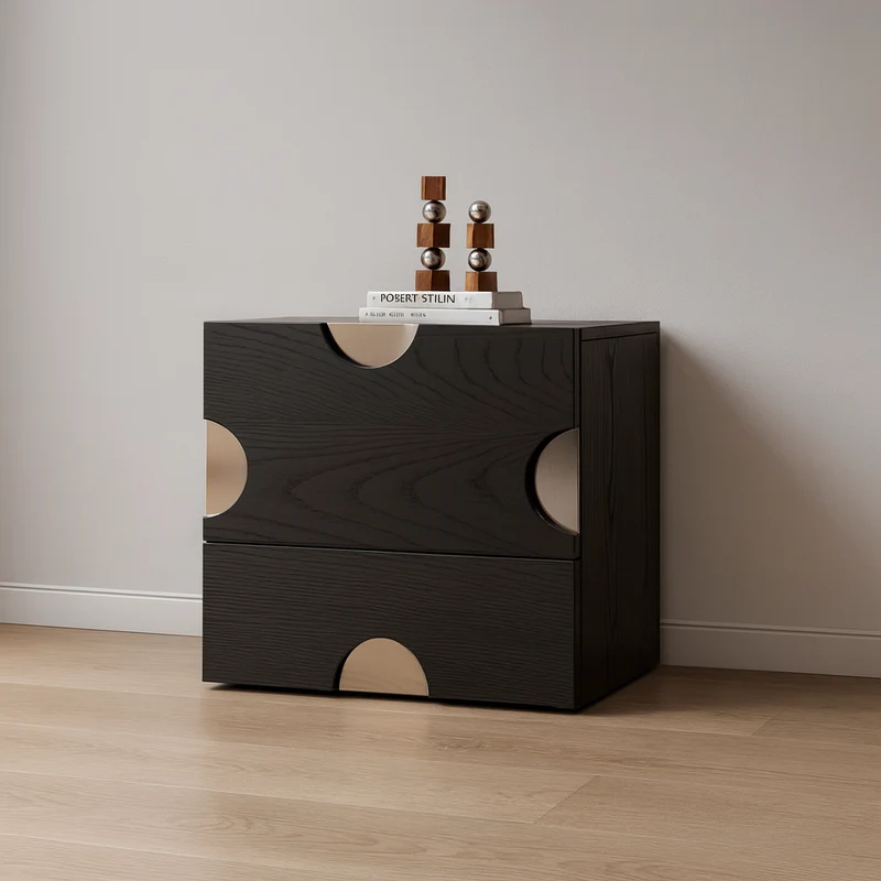 Modern Minimalist Dot-Design Square Multi-Layer Wood Nightstand 2-Drawer Storage For Bedroom