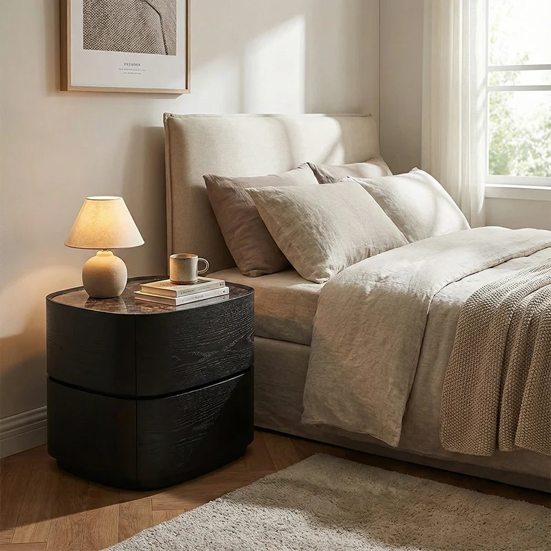 Modern Luxury Oval Stone Slab Plywood Nightstand With Dual Drawers For Bedroom