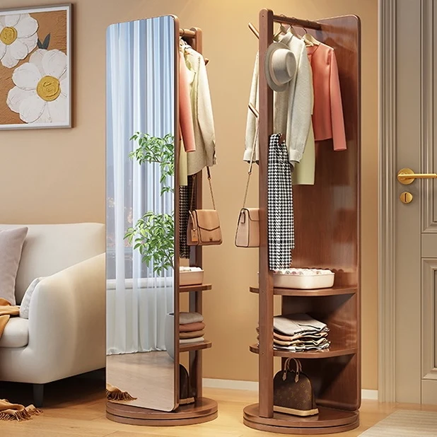 Modern Minimalist Rectangular Solid Wood Rotatable Movable Hall Tree With Mirror & 3-Tier Storage For Bedroom & Entryways