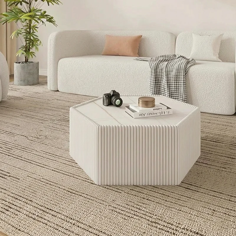 Modern Minimalist Hexagon Stone Slab Faux Leather MDF Eucalyptus Wood Coffee Table For Living Room