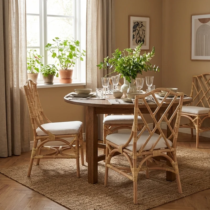 Contemporary Scandinavian Handwoven Natural Rattan Dining Chair With Waterproof Cushioned - Back Chair For Indoor & Outdoor Use