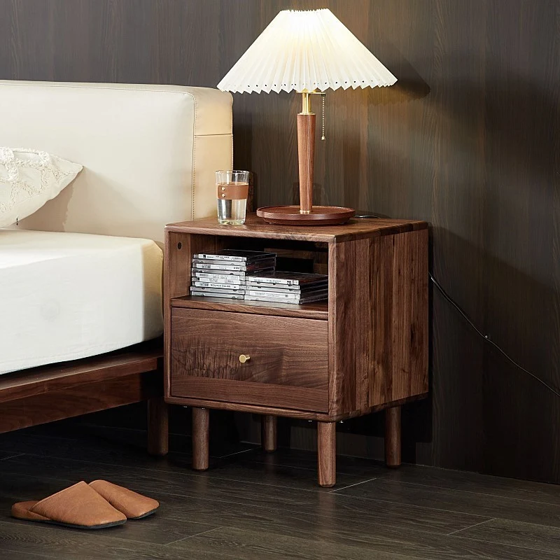 Traditional Vintage Square Rectangular Walnut Nightstand 1-Drawer For Bedroom