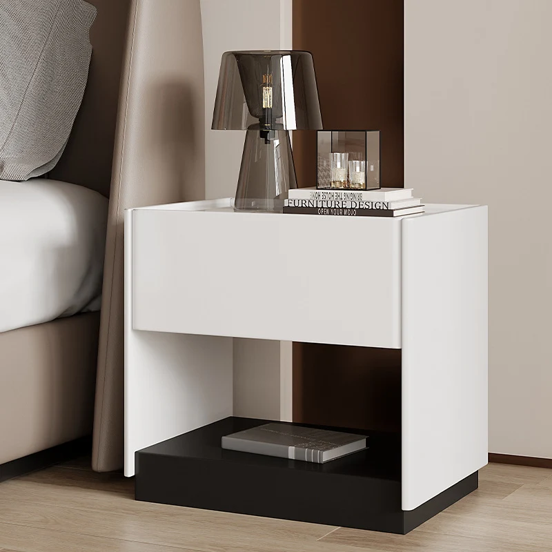 Modern Minimalist Square Rectangular Stone Slab Solid Wood Plywood Pine Wood Nightstand 1-Drawer For Bedroom
