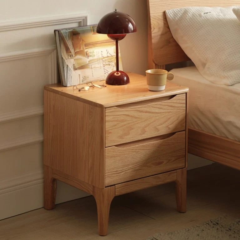 Modern Minimalist Square Rectangular Oak Wood Paulownia Wood Nightstand 2-Drawer For Bedroom