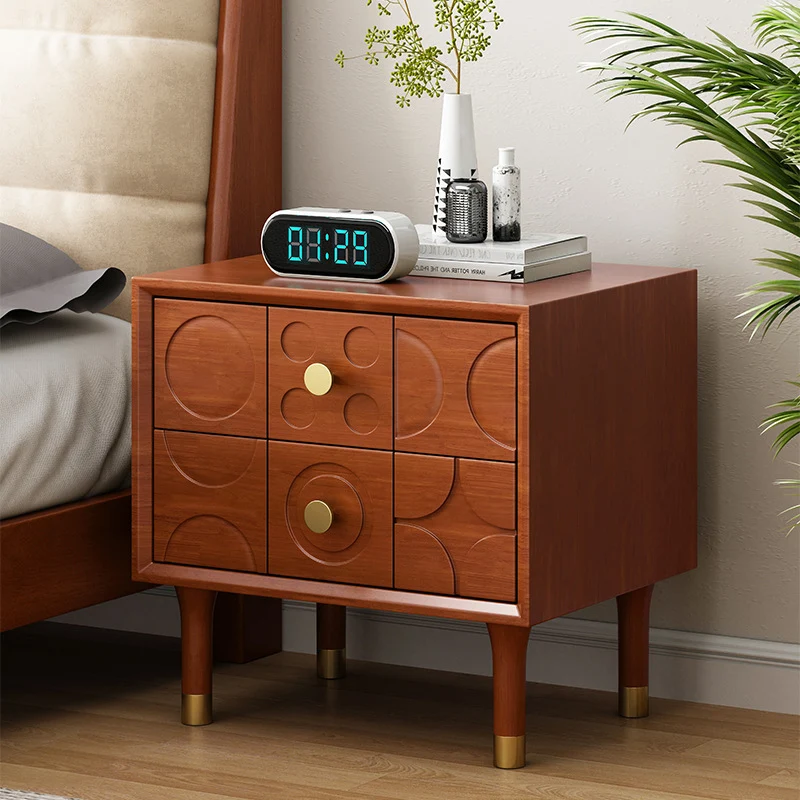 Contemporary Retro Square Rectangular Rubberwood Solid Wood Plywood Nightstand 2-Drawer For Bedroom