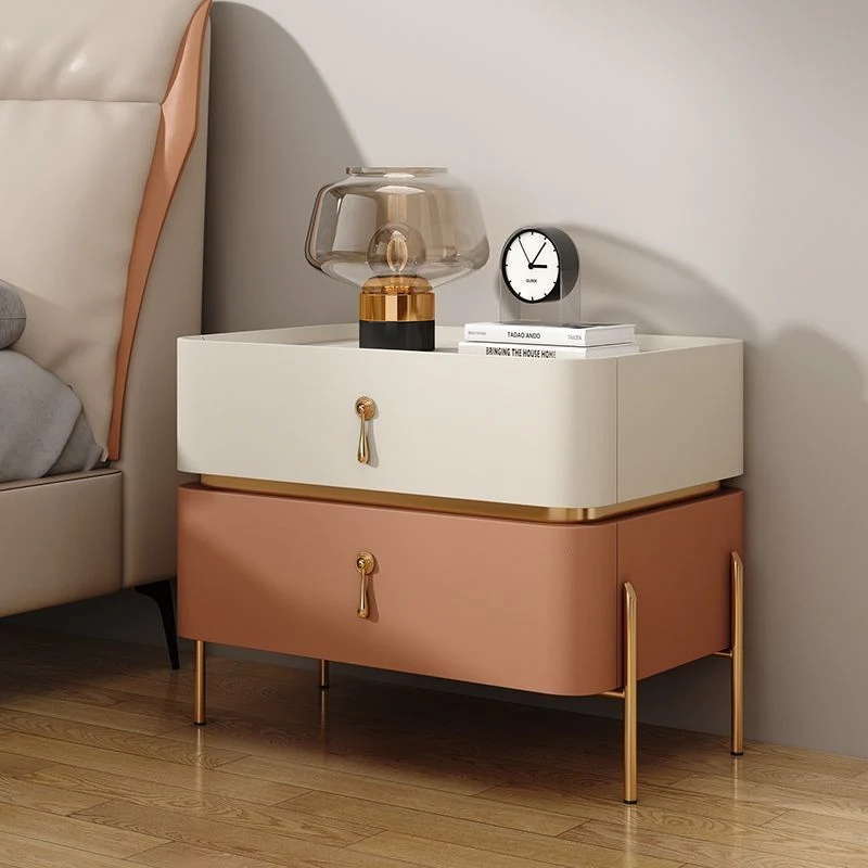 Contemporary Luxury Square Rectangular Stone Slab Microfiber Leather Solid Wood Plywood Pine Wood Nightstand 2-Drawer For Bedroom