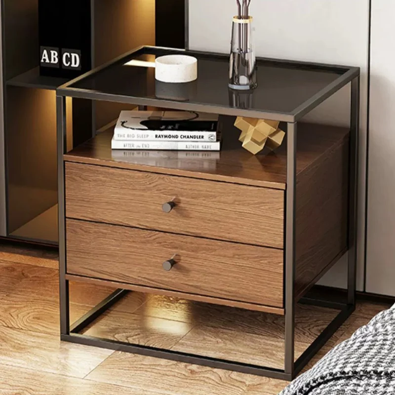 Contemporary Retro Square Rectangular Glass MDF Iron Nightstand 1/2-Drawer For Bedroom