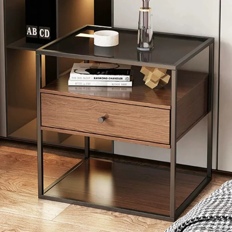 Contemporary Retro Square Rectangular Glass MDF Iron Nightstand 1/2-Drawer For Bedroom