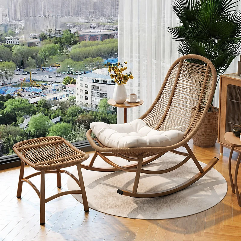 Modern Minimalist Ellipse PE Rattan Iron Cotton-linen Weaving Rocking Chair Backrest Armless For Living Room