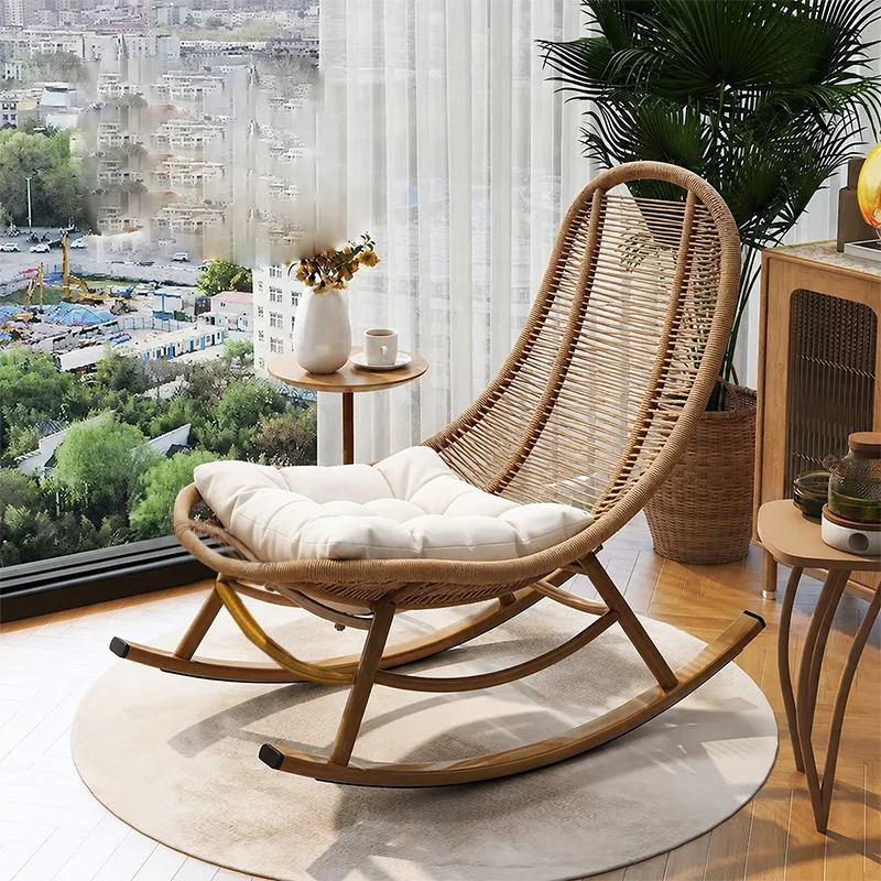 Modern Minimalist Ellipse PE Rattan Iron Cotton-linen Weaving Rocking Chair Backrest Armless For Living Room
