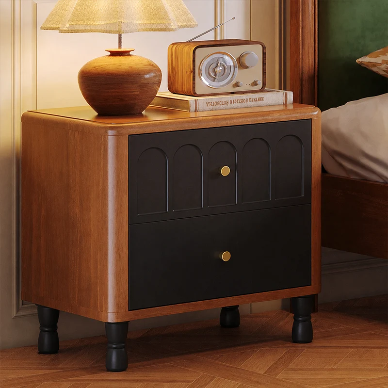 Contemporary Retro Square Rectangular Rubberwood Plywood Nightstand 2-Drawer For Bedroom