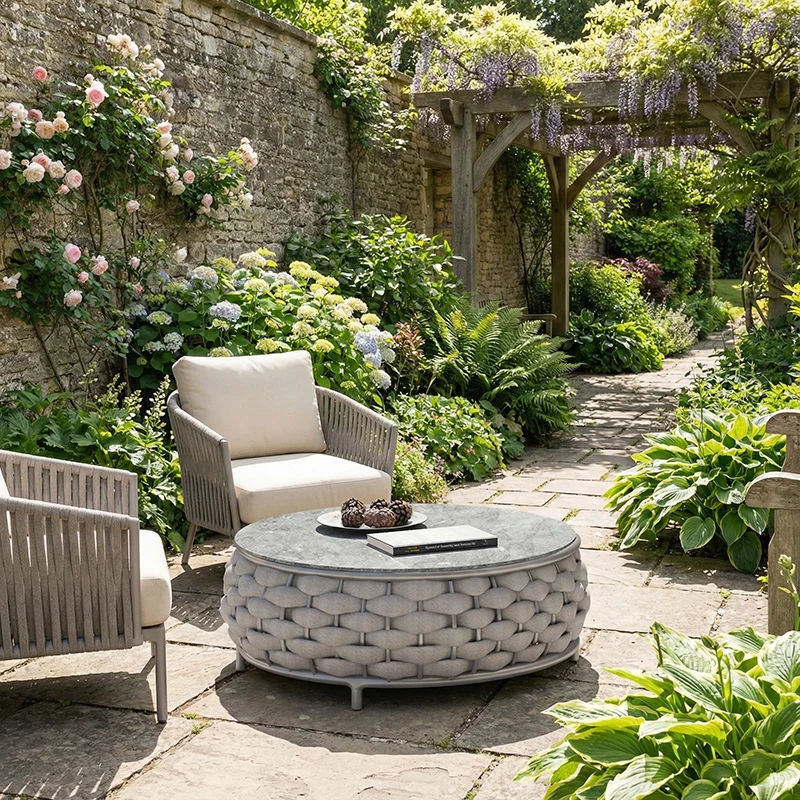 Modern Minimalist Round Aluminum Alloy PE Rattan Fabric Stone Slab Outdoor Coffee Table For Garden