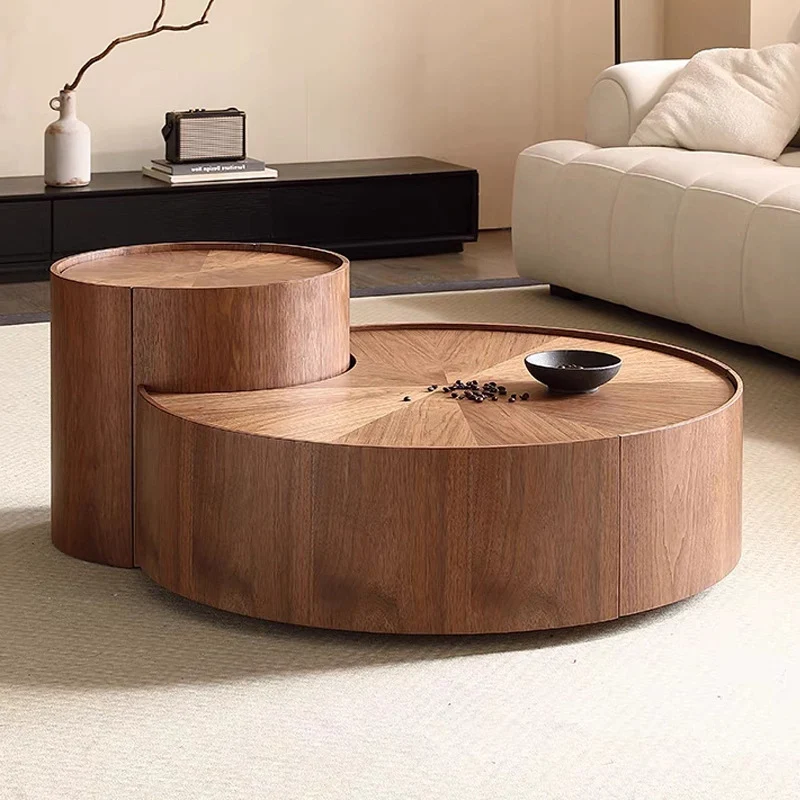 Modern Minimalist Round Eco-Friendly Engineered Wood Coffee Table 1-Drawer 1-Cabinet Movable For Living Room