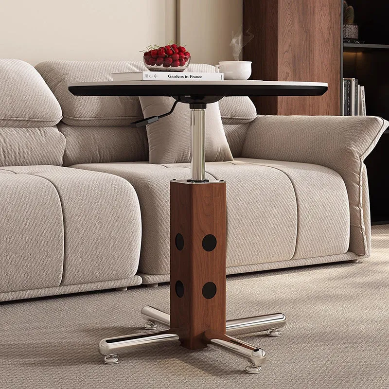 Traditional Vintage Round Aluminum Alloy Stone Slab Coffee Table 4-Leg Movable Height-Adjustable For Living Room
