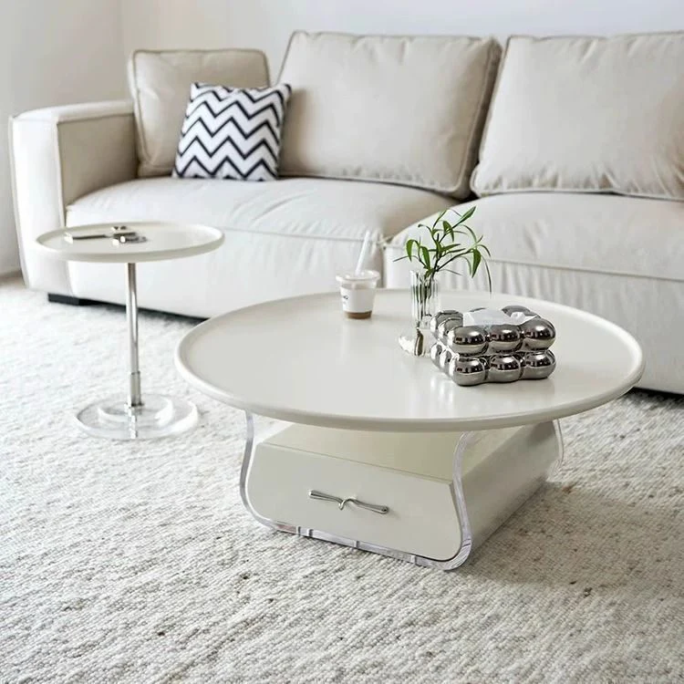 Modern Minimalist Round Fiberboard Acrylic Coffee Table 1-Drawer For Living Room