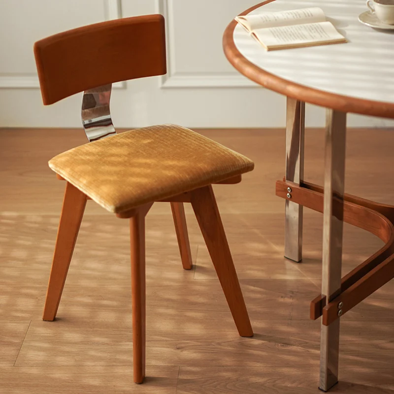 Contemporary Retro Square Rectangular Corduroy Rubberwood Solid Wood Plywood Iron Dining Chair Backrest Armless For Dining Room & Kitchen
