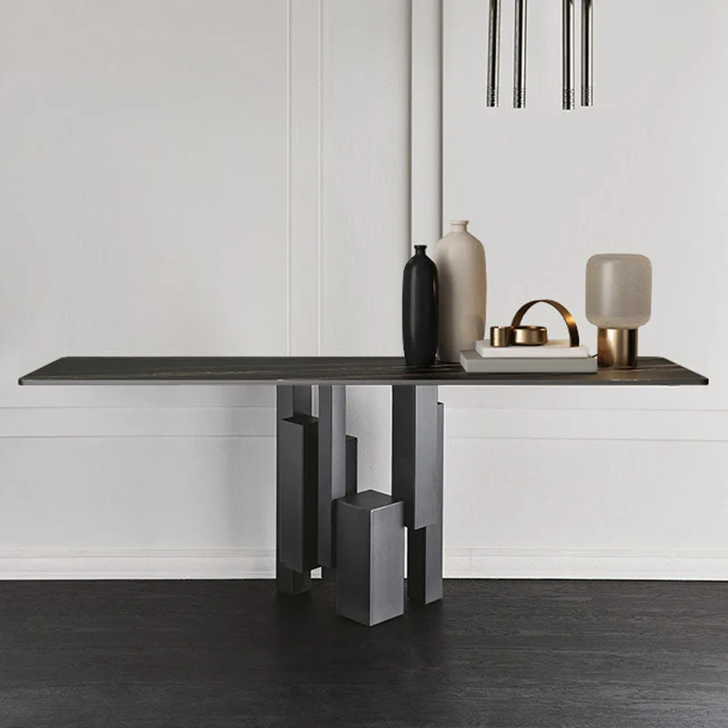 Modern Rectangular Console Table Stone Console Sofa Table in Grey/Black