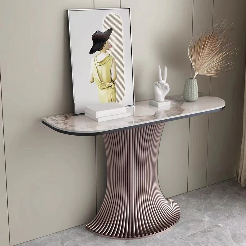 Contemporary Stone Accent Table Half Moon Pink Sofa Console Table for Hall