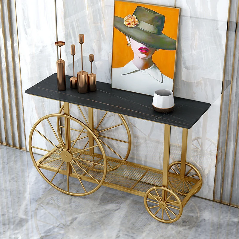 Glam Rectangle Accent Table Stone Sofa Console Table with Shelf for Hall