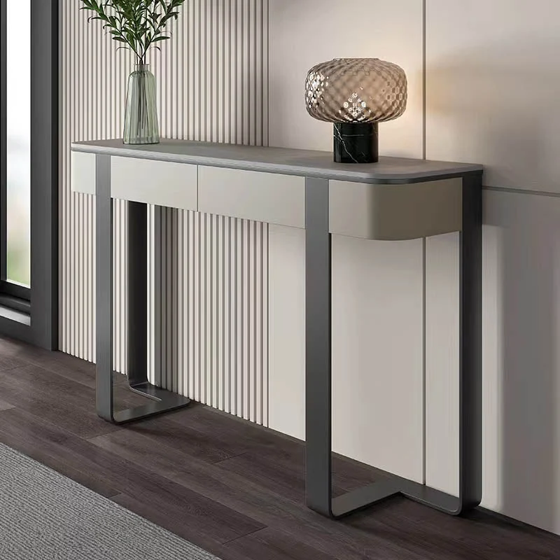 Modern Half Moon Console Table Stone Console Sofa Table in Gold/Grey