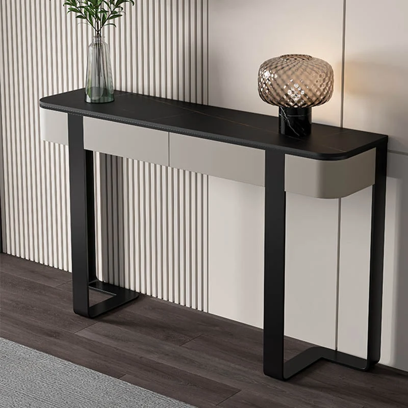 Modern Half Moon Console Table Stone Console Sofa Table in Gold/Grey/Black