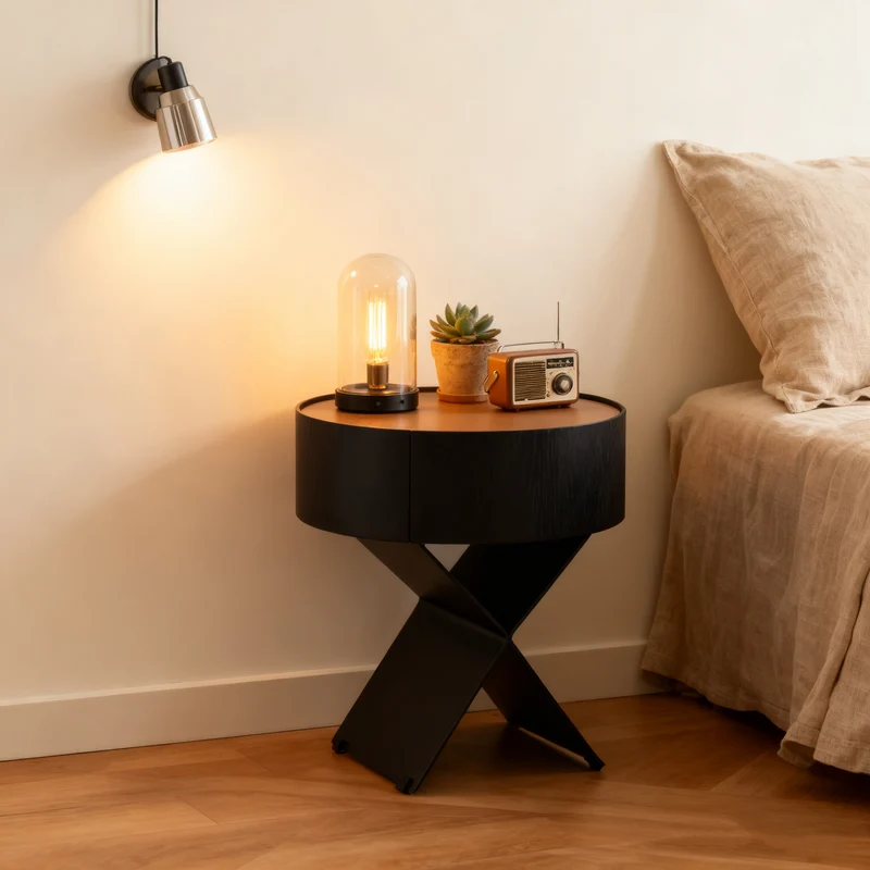 Contemporary Industrial Round Nightstand - Saddle-Style Faux Leather Finish Bedside Table 1-Drawer For Bedroom