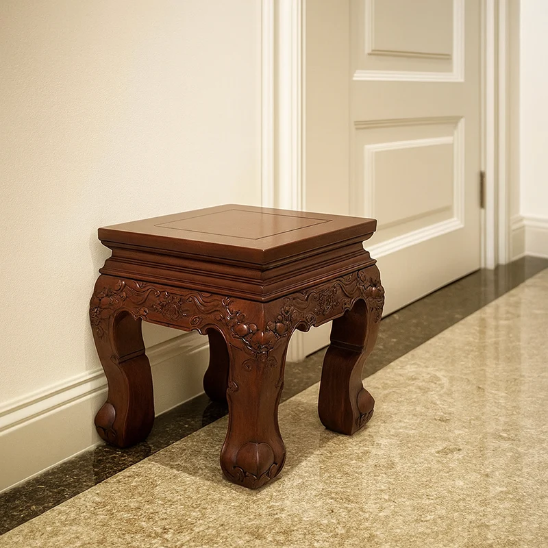 Traditional Vintage Square Solid Wood Footstool Carved Design For Living Room