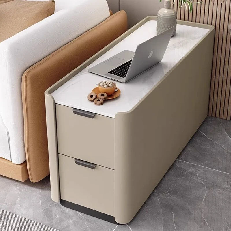 Modern Minimalist Rectangular Multi-Layer Plywood Stone Slab Microfiber Leather Side Table 2-Drawer For Living Room